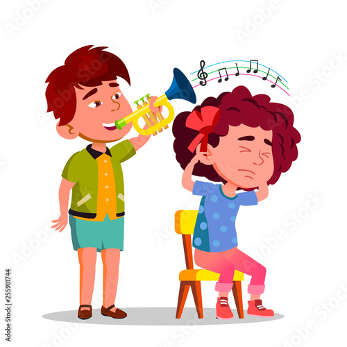 Little Boy Blowing Party Horn To Tease Little Sad Girl Vector Flat Cartoon Illustration