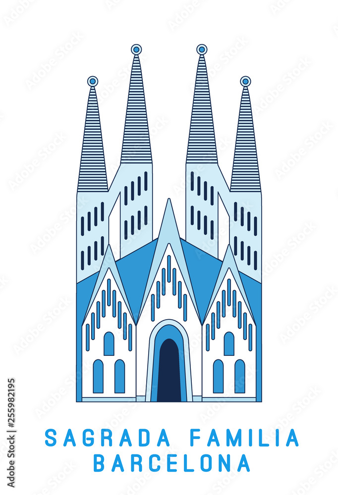 Line art Sagrada Familia Barcelona, famous Spain cathedral, vector illustration in flat style.