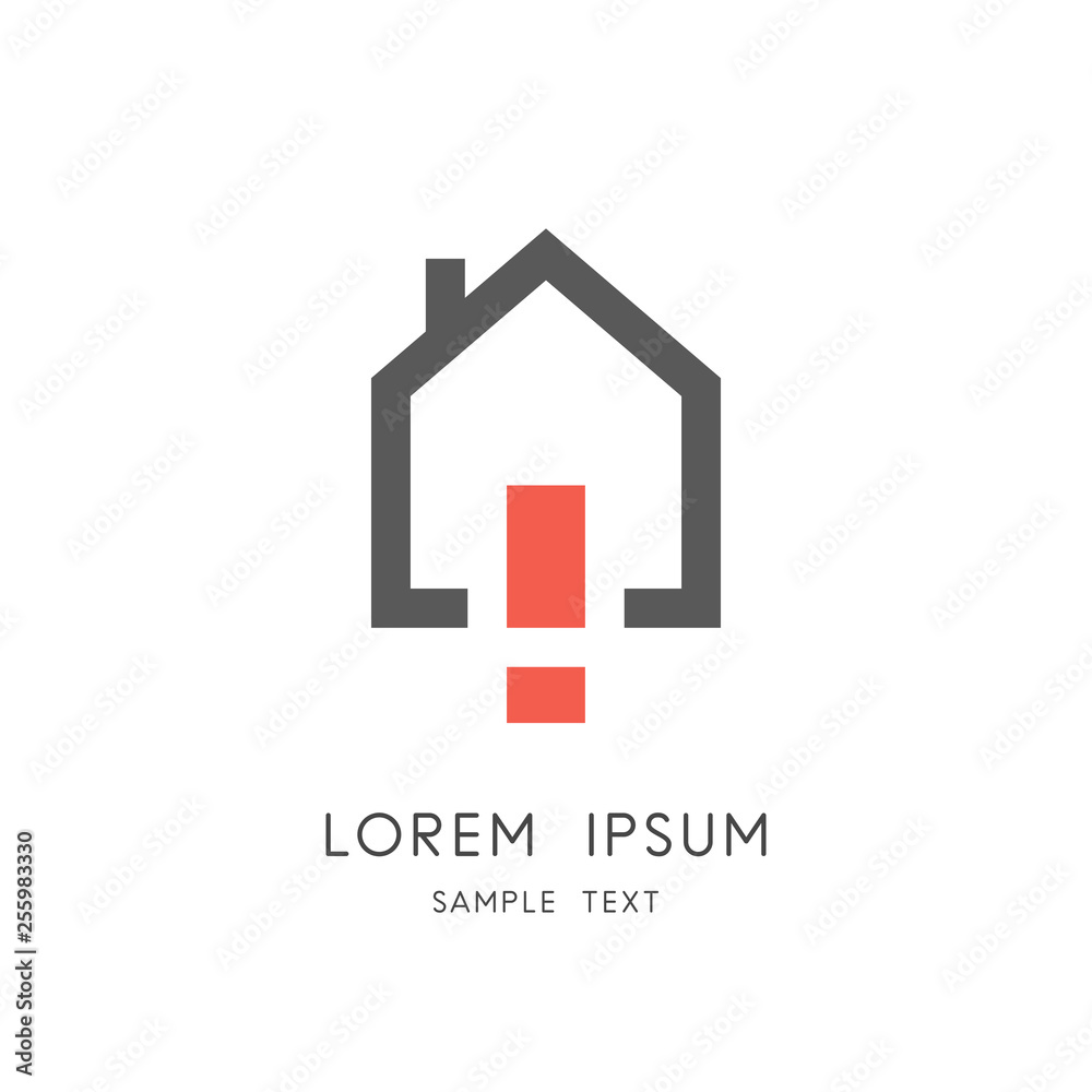 Fototapeta premium Real estate logo - home or house with chimney and exclamation mark symbol. Realty and property agency, construction or building industry vector icon.