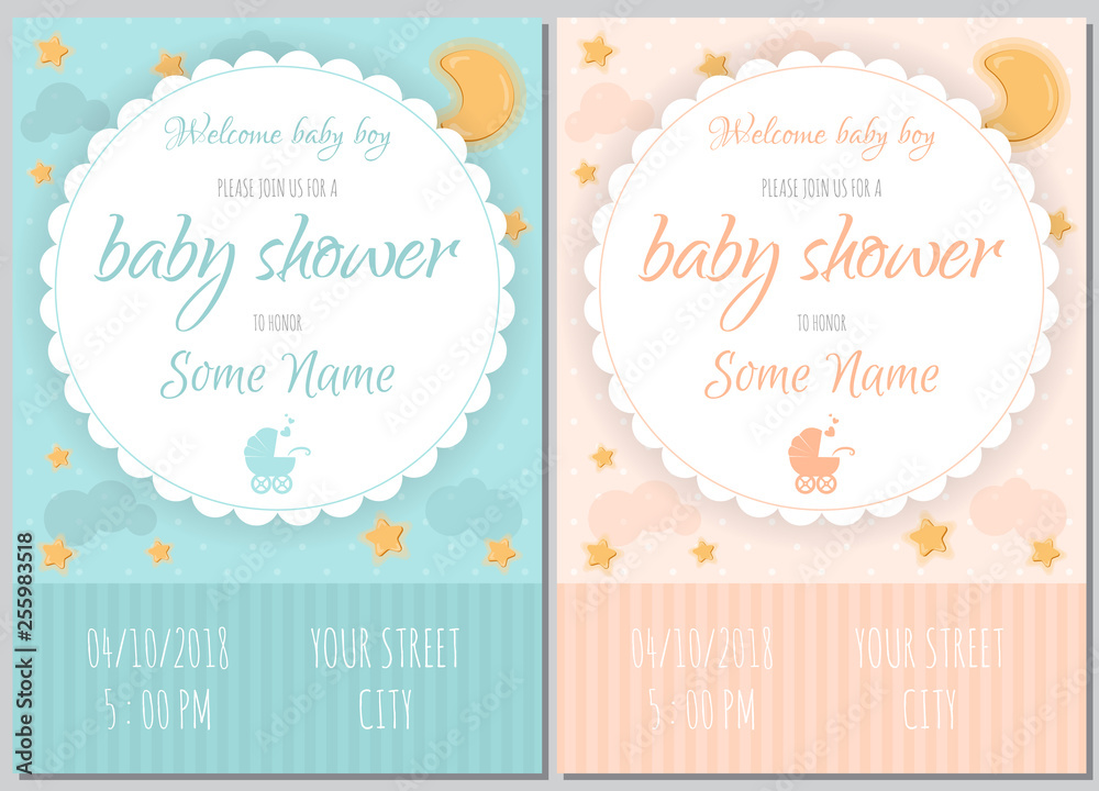 Set of baby shower invitation card babies boy and girl. Baby frame with boy/girl and stickers on light background. It's a boy. It's a girl.