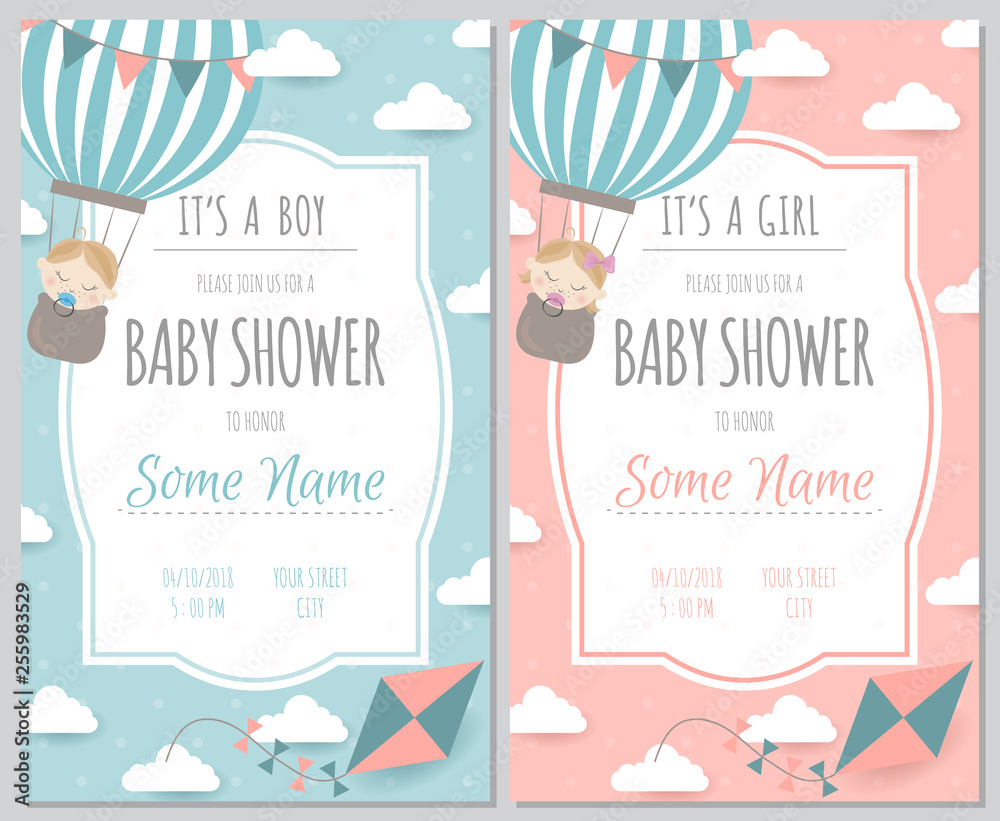 Set of baby shower invitation card babies boy and girl. Baby frame with boy/ girl and stickers on light background. It's a boy. It's a girl. Stock  Vector