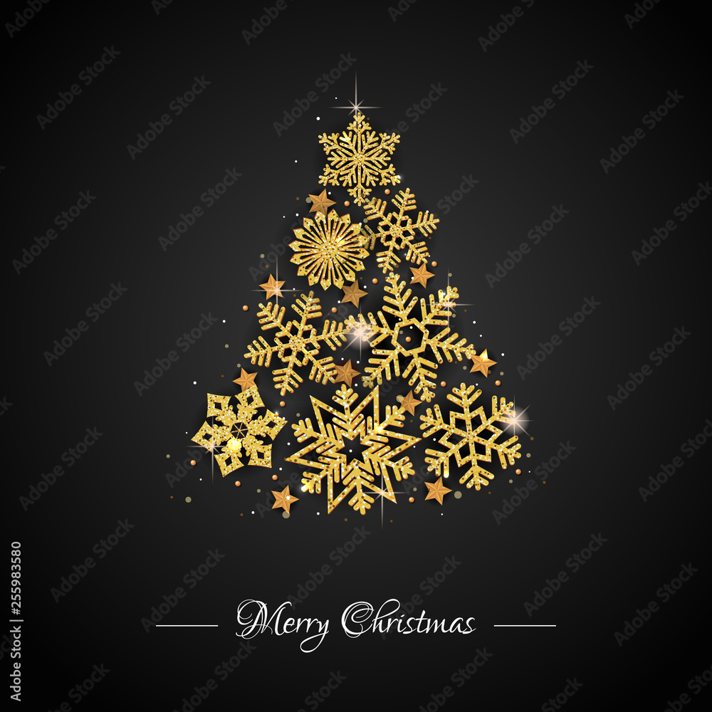 Christmas background with Shining Snowflakes. Christmas Greeting Card and Happy New Year Invitation. Christmas tree background with shining gold snowflakes, stars. Vector illustration