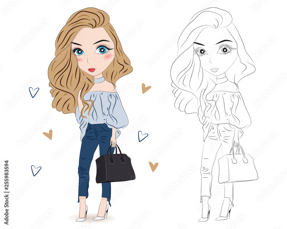 Set of hand drawn beautiful cute fashion girls on white background. Cartoon fashionable girls. Cartoon character. Coloring book pages for kids. Outline for coloring page cartoon vector Set of hand drawn beautiful cute fashion girls on white background. Cartoon fashionable girls. Cartoon character. Coloring book pages for kids. Outline for coloring page cartoon vector