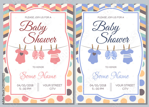 Set of baby shower invitation card babies boy and girl. Baby frame with boy/girl and stickers on light background. It's a boy. It's a girl.