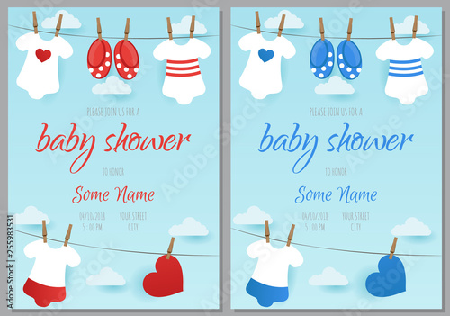 Set of baby shower invitation card babies boy and girl. Baby frame with boy/girl and stickers on light background. It's a boy. It's a girl.