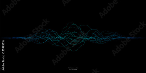 Vector wave dots lines flowing dynamic in blue green colors isolated on black background for concept of AI technology, music, sound