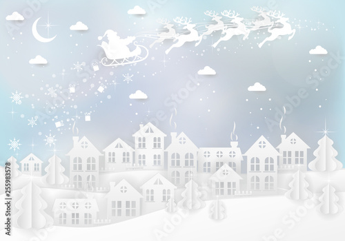 Winter urban countryside landscape village with paper houses, pine trees and Santa with deers flying in the sky. Merry Christmas and New Year background. Christmas season paper art style illustration.