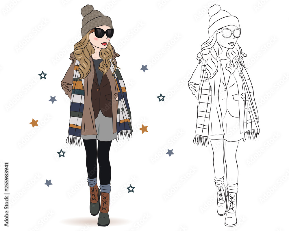 Set of hand drawn beautiful cute winter fashion girls on white background.  Cartoon fashionable girls. Cartoon character. Coloring book pages for kids.  Outline for coloring page cartoon vector Stock Vector | Adobe