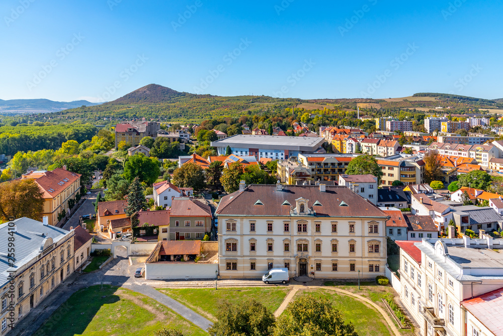 Aerial view of Litomerice from cathedral bell tower on sunny summer day, Czech Republic