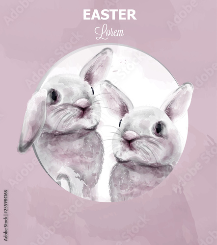 Easter bunny rabbits Vector watercolor. Cute animals card holiday. Pink backgrounds