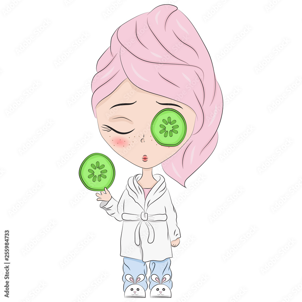 Hand drawn beautiful cute haired girl in pajamas and a cucumbers on eyes. Children cartoon character. T-shirt print. Template for design cards, notebook, shop, poster. Sleepy girl. Hand drawn beautiful cute haired girl in pajamas and a cucumbers on eyes. Children cartoon character. T-shirt print. Template for design cards, notebook, shop, poster. Sleepy girl.