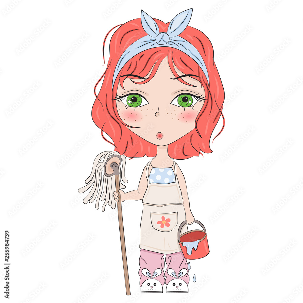 Hand drawn beautiful cute haired girl with a rag and a bucket. Children cartoon character. Template for design cards, notebook, shop, poster. Cleaning the house from dirt and dust. Hand drawn beautiful cute haired girl with a rag and a bucket. Children cartoon character. Template for design cards, notebook, shop, poster. Cleaning the house from dirt and dust.
