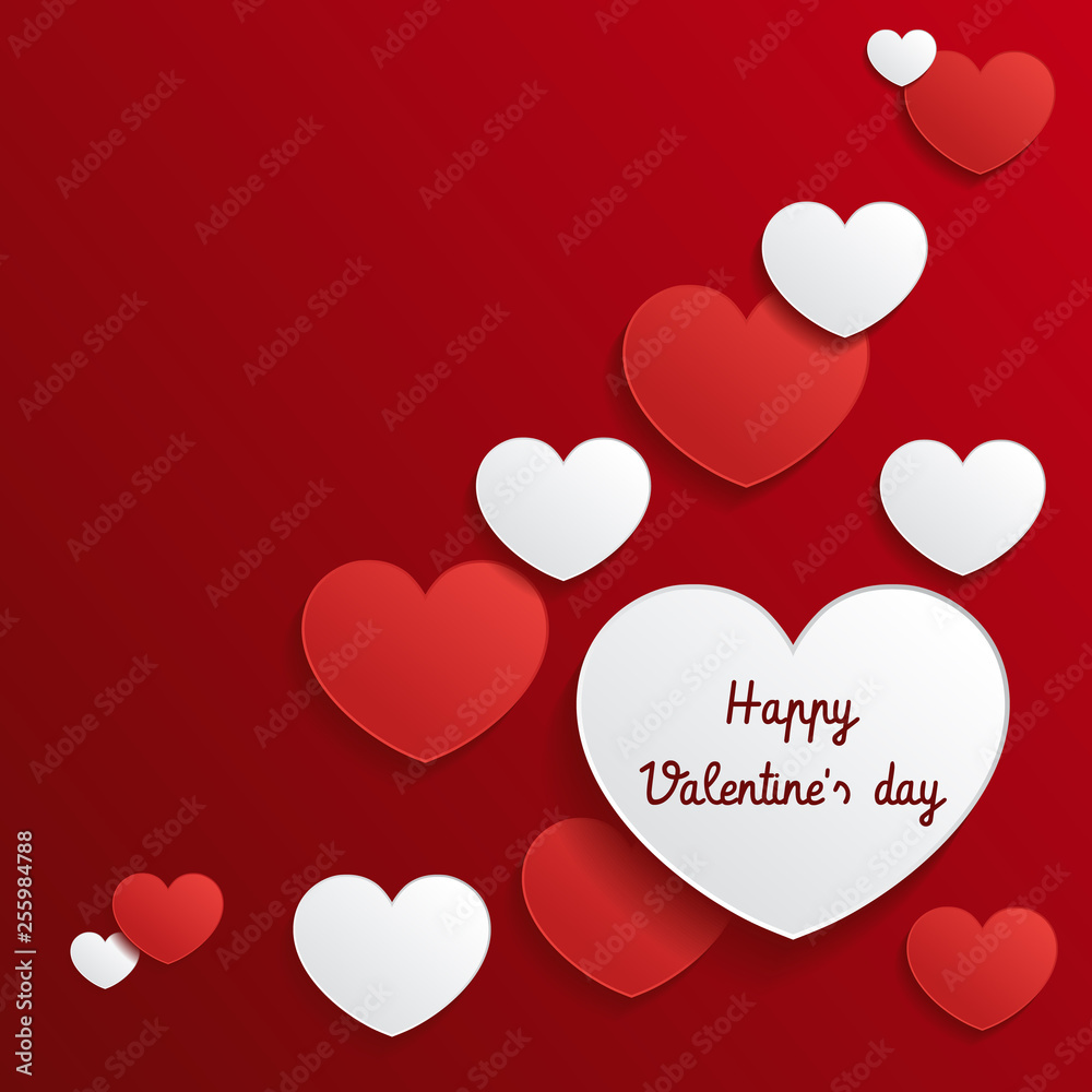 Vector shape confetti splash. Valentine's Day background congratulation card. Paper cut hearts. Card with paper art hearts 