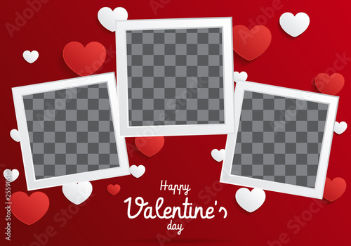 Postcard Happy Valentines Day with a blank template for photo. Vector illustration. Valentine's Day background congratulation card. Card with paper art hearts 