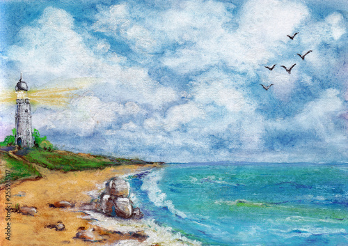 Sea landscape with lighthouse, seagulls and stones painted in watercolor