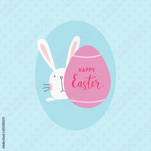 Postcard-happy-easter-bunnu-and-egg. Cartoon- holidy- poster-blue