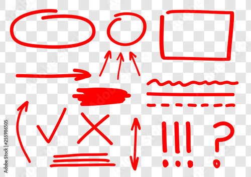 Hand drawn set of vector red marks, arrows, ingles, lines, amendments and corrections. Red marker line