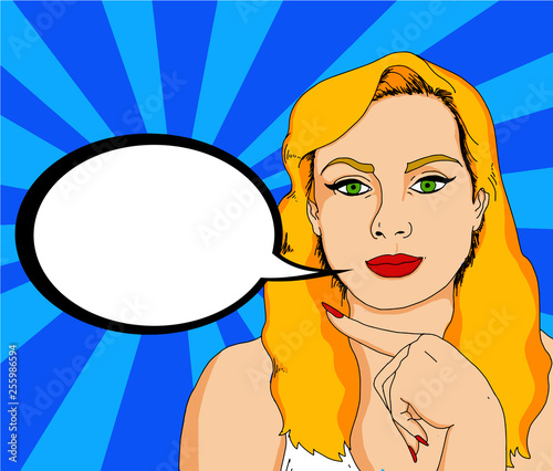 Pop illustration of a pretty woman with pin up look with a bubble in which you can put an advertising message