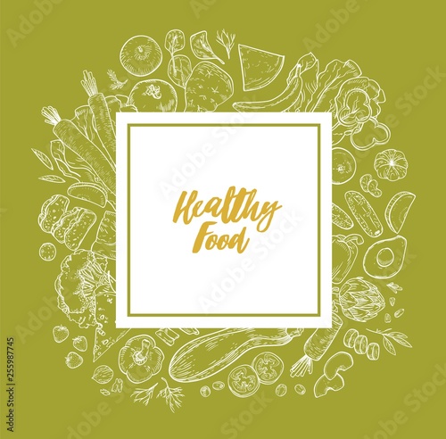 Square decorative banner template with frame consisted of healthy nutrition, fresh organic dietary products hand drawn with contour lines and place for text