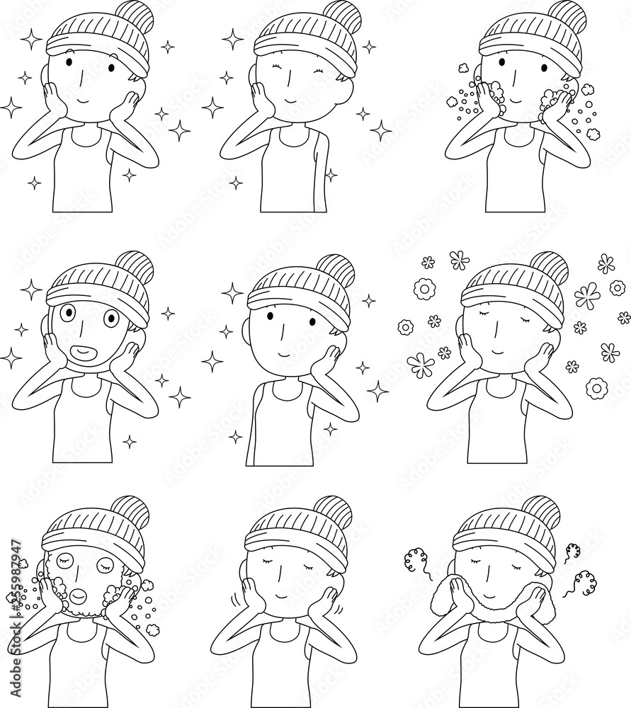 Illustration of a cute lady who is washing the face outline set Illustration of a cute lady who is washing the face outline set