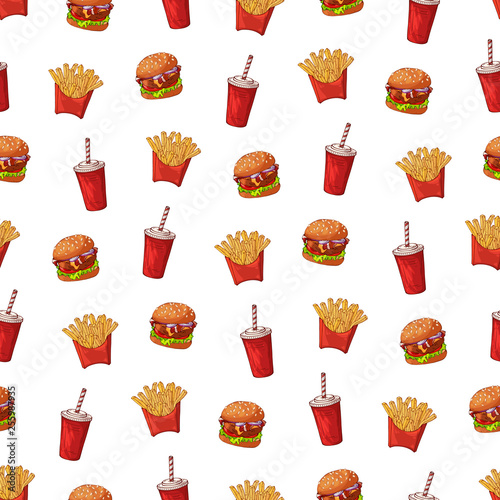 Vector pattern on the fast food theme: french fries, drink, burger.