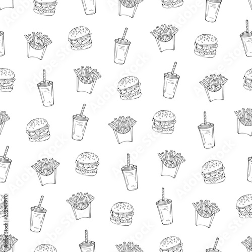 Vector pattern on the fast food theme: french fries, drink, burger.
