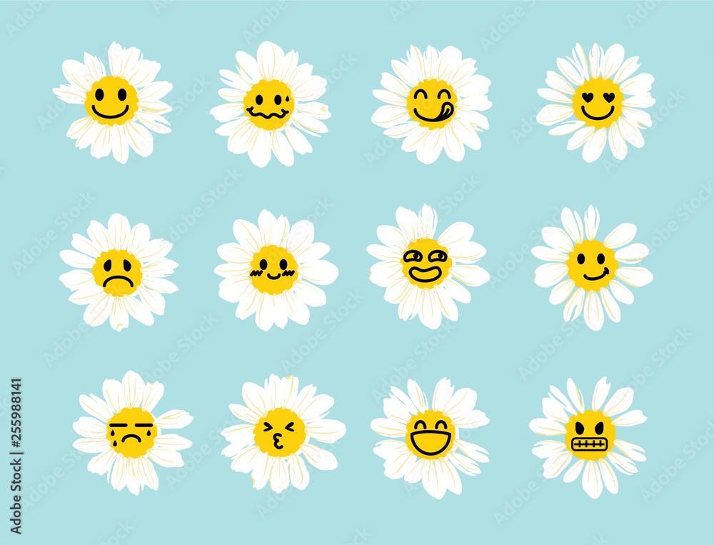 Set of White daisy or chamomile with cute and funny emoji face.Isolated