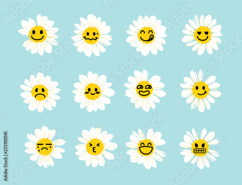 Set of White daisy or chamomile with cute and funny emoji face.Isolated. Vector illustration