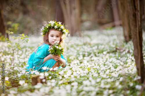 Beautiful little girl in a blue dress walking in the spring wood. Portrait of the pretty girl with a wreath from flowers on the head. 