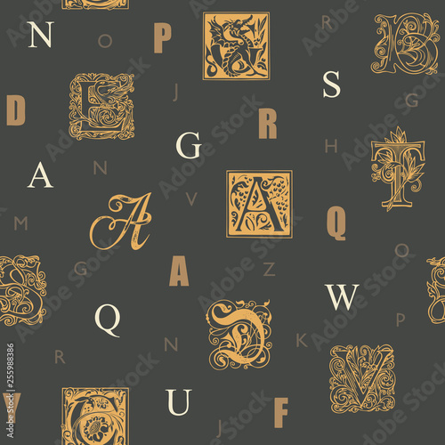 Vector seamless pattern with capital letters and hand drawn initial letters on a black backdrop. Repeating background with alphabet letters. Can be used as wallpaper, wrapping paper or fabric