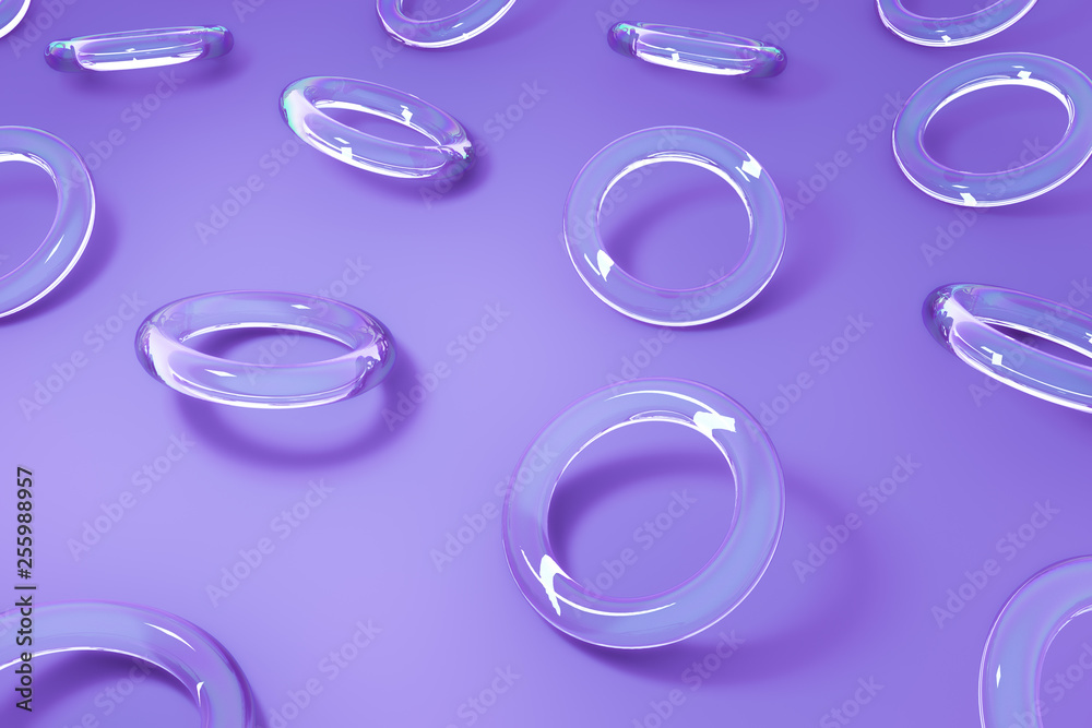 3D glass geometric shapes object with .color reflection and shadows on purple pastel  background. Abstract computer rendering illustration.