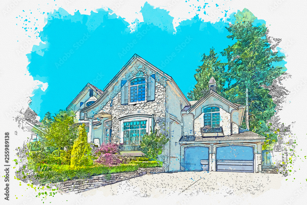 Obraz premium Watercolor sketch or illustration of a beautiful residential country or suburban home. Real estate or modern housing