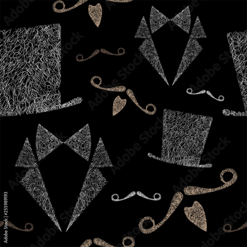 Mustache, hat, bow tie and tuxedo on a brown background, pattern