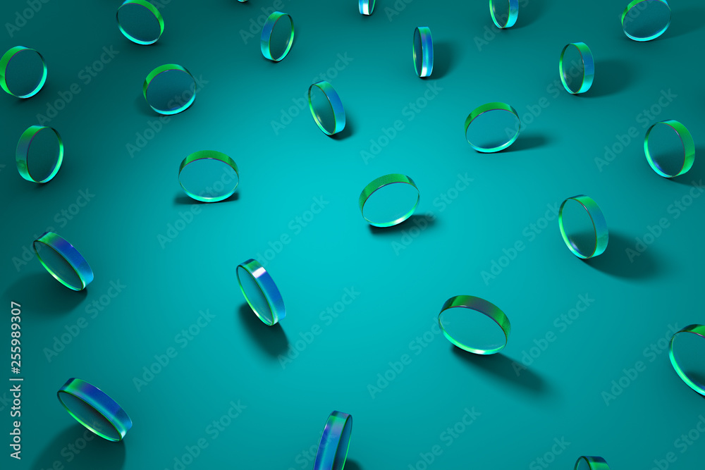 3D glass geometric shapes object with .color reflection and shadows on turquoise pastel  background. Abstract computer rendering illustration.