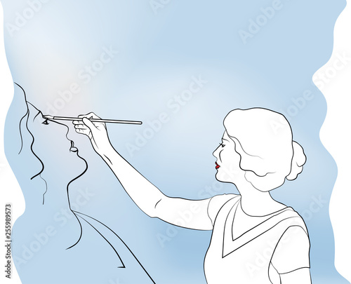 Woman draws self-portrait on the background of the sky color