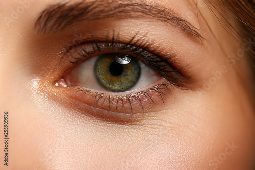 Female left emerald green coloured eye extreme closeup