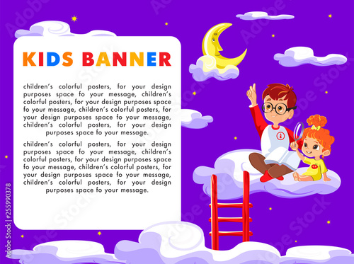 Happy children holding blank poster. Template for advertising brochure. Ready for your message. Children look up with interest. Kids learning about the stars and moon. Concept of children's learning.