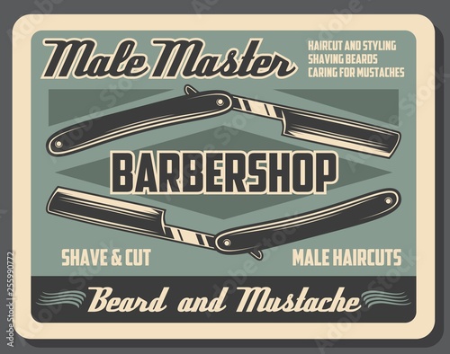 Razor with blade, barbershop and haircut service