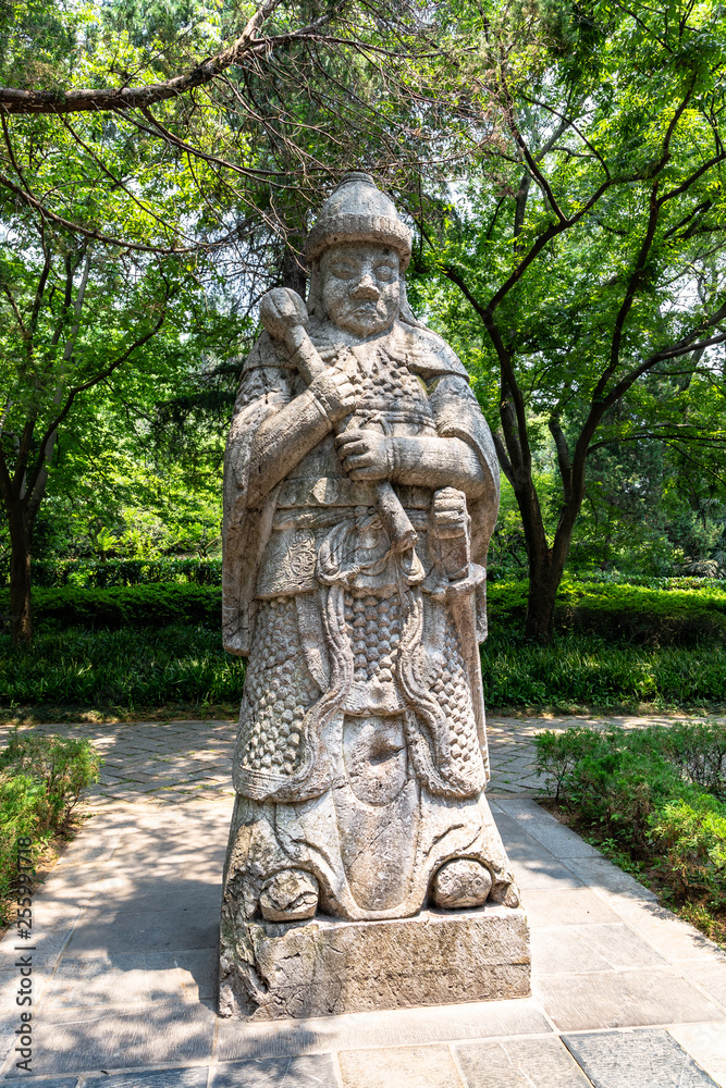 Statue of a warrior in the sacred way in Ming Xiaoling Mausoleum, located on mount Zijin, Nanjing, Jiangsu Province, China. Ming Xiaoling Mausoleum is UNESCO World Heritage Site