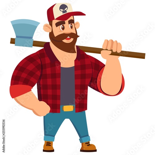 Lumberjack. Vector Illustration in Cartoon Flat Style. Strong, Handsome Man in Stylish Cap and Ax on the Shoulder