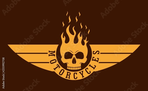 Skull on fire with wings and text. Biker logo