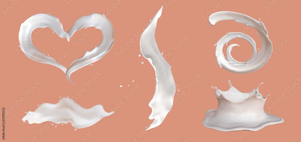 Milk splashes with drops and blots set. Isolated, 3d render, clipart Milk splashes with drops and blots set. Isolated, 3d render, clipart