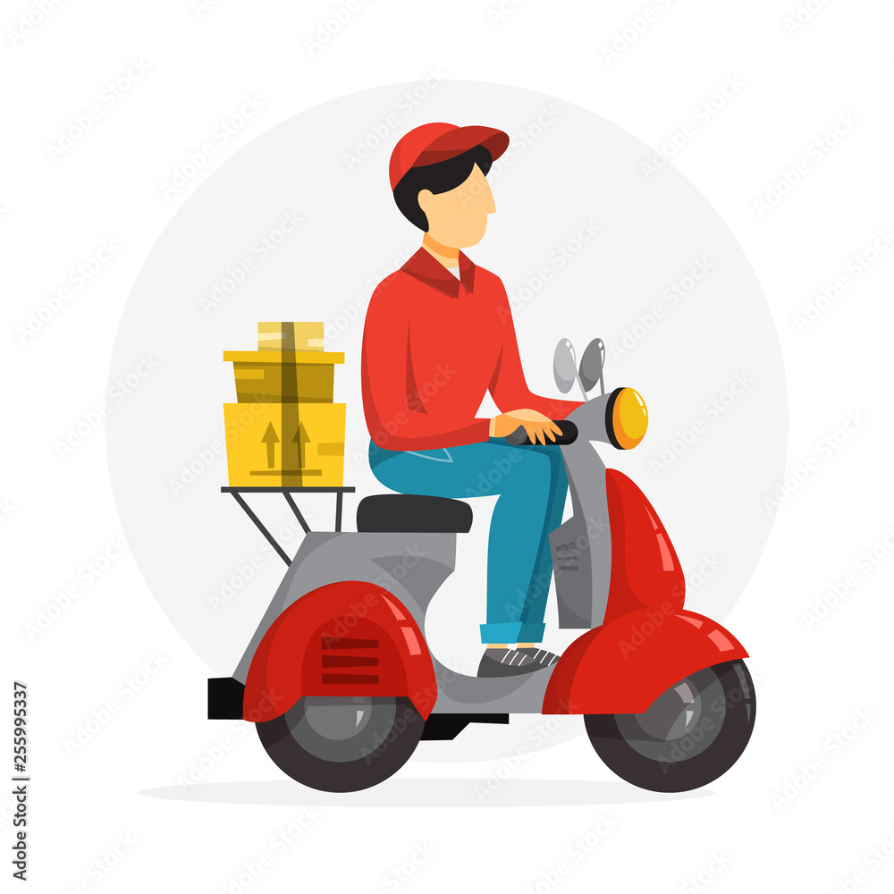 Delivery service concept. Courier with box on moped