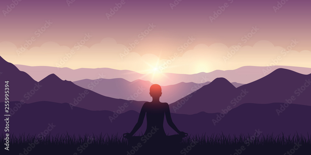 peaceful meditation with mountain view purple landscape and sunshine vector illustration EPS10