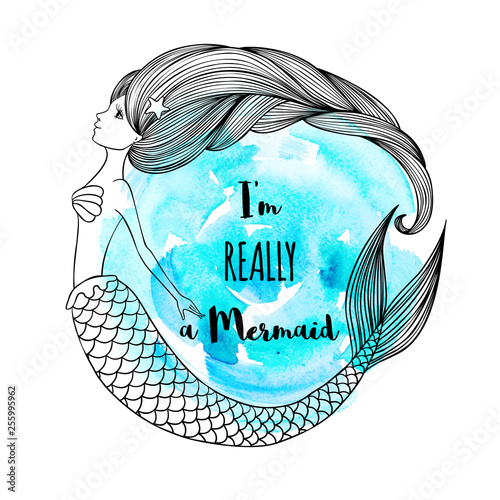 Cute graphic mermaid on blue watercolor background.