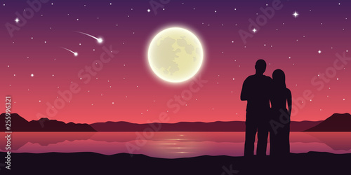romantic night couple in love at the lake with full moon and falling stars vector illustration EPS10