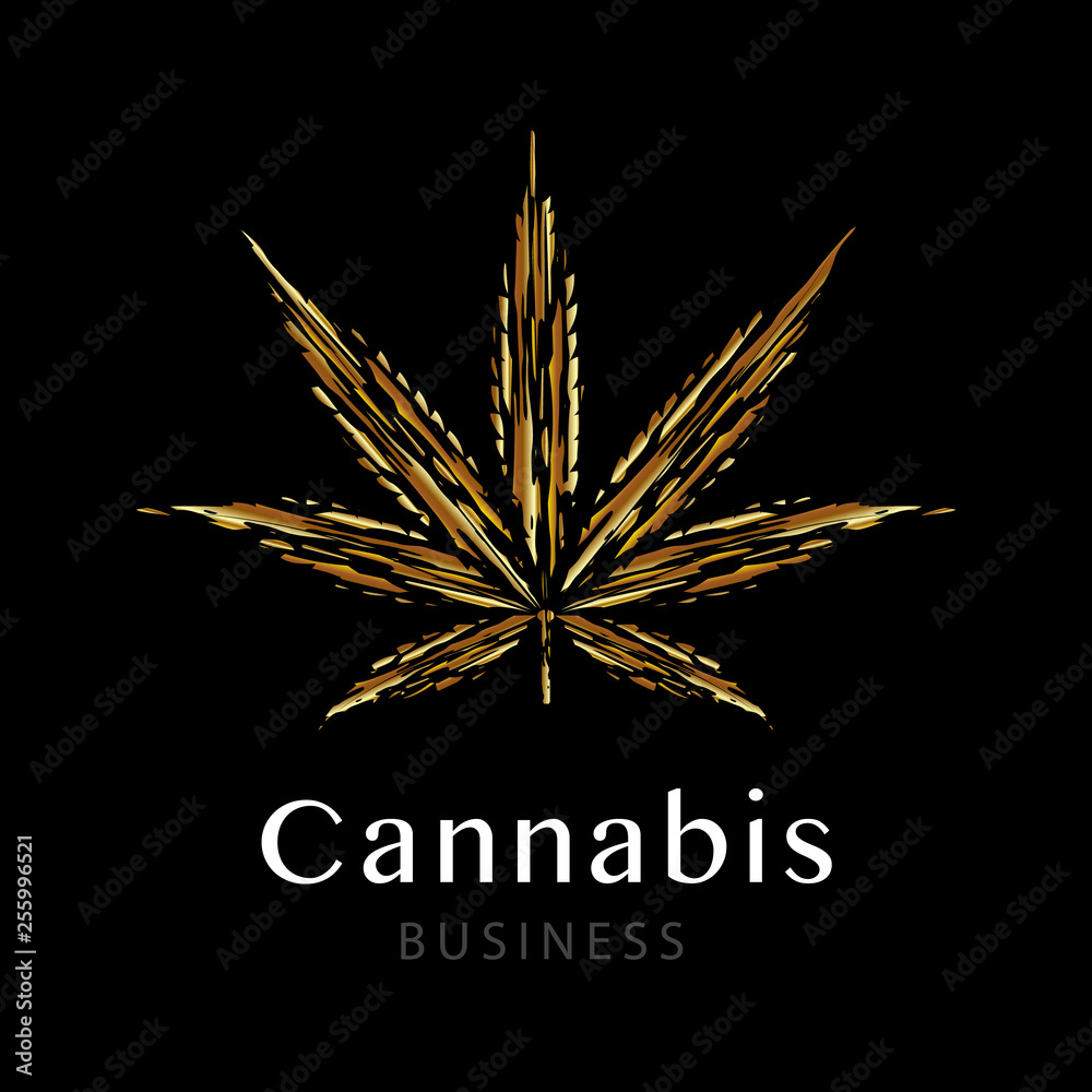 Hemp logo design concept. Golden cannabis leaf on black background ...
