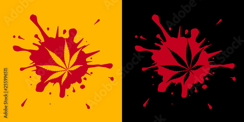  flat sheet of cannabis, marijuana on a drop of blood. Vector illustration