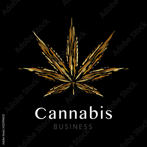 Hemp logo design concept. Golden cannabis leaf on black background. Universal hemp design. Vector illustration