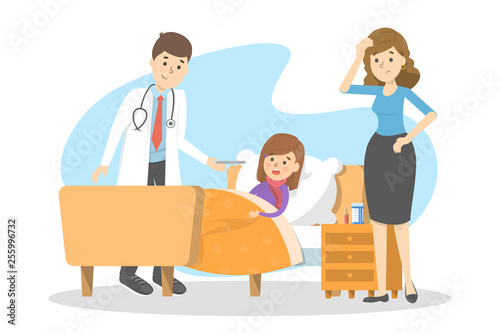 Doctor visit sick child lying in the bed